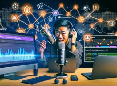 Podcaster am modernen Arbeitsplatz mit Mikrofon, Kopfhörern und mehreren Monitoren, die Workflow-Diagramme, Podcast-Tools und Analytics zeigen.