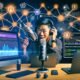 Podcaster am modernen Arbeitsplatz mit Mikrofon, Kopfhörern und mehreren Monitoren, die Workflow-Diagramme, Podcast-Tools und Analytics zeigen.