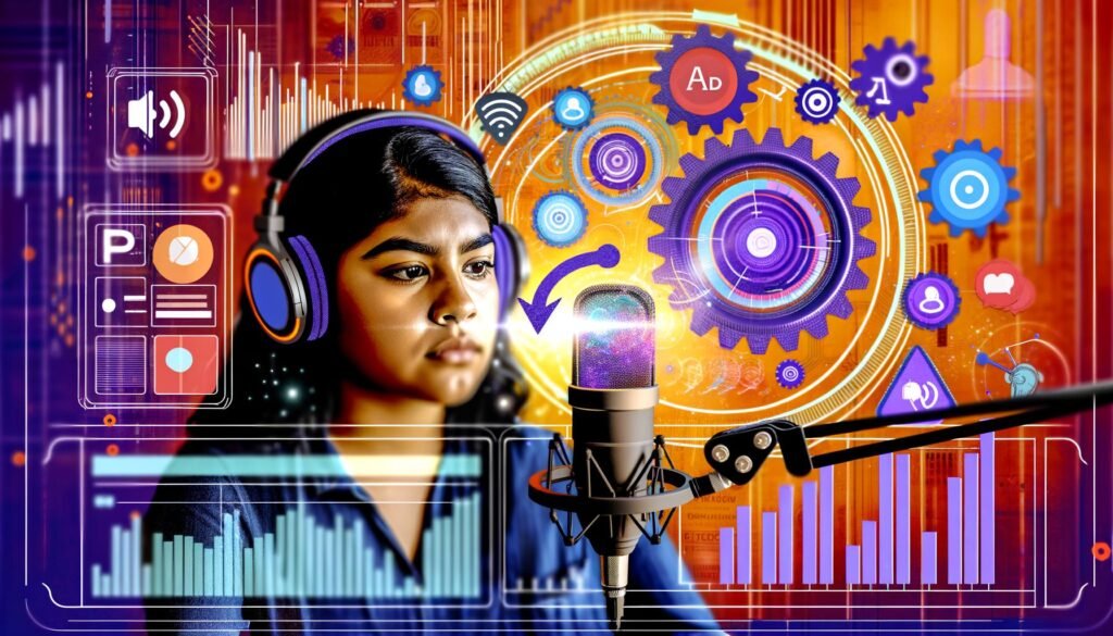 Podcaster mit Headset vor Mikrofon und komplexem Podbean Dashboard mit Werbebannern, Lautsprechern, digitalen Linien und Zahnrädern.