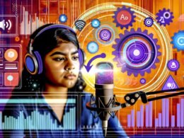 Podcaster mit Headset vor Mikrofon und komplexem Podbean Dashboard mit Werbebannern, Lautsprechern, digitalen Linien und Zahnrädern.