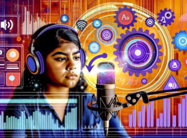 Podcaster mit Headset vor Mikrofon und komplexem Podbean Dashboard mit Werbebannern, Lautsprechern, digitalen Linien und Zahnrädern.
