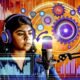 Podcaster mit Headset vor Mikrofon und komplexem Podbean Dashboard mit Werbebannern, Lautsprechern, digitalen Linien und Zahnrädern.