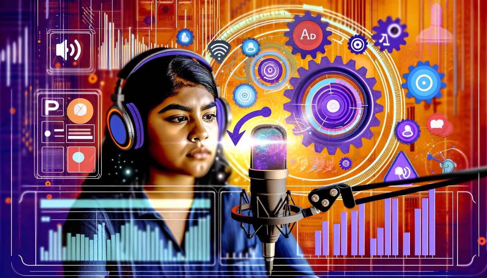 Podcaster mit Headset vor Mikrofon und komplexem Podbean Dashboard mit Werbebannern, Lautsprechern, digitalen Linien und Zahnrädern.