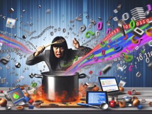 Gestresster Marketer in digital-chaotischer Küche mit überlaufenden Töpfen voller Binärzahlen, umgeben von Daten-Diagrammen und Symbolen.