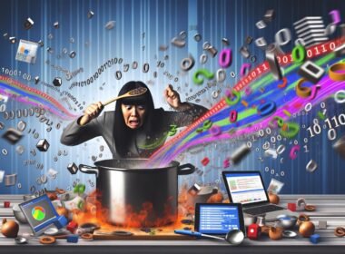 Gestresster Marketer in digital-chaotischer Küche mit überlaufenden Töpfen voller Binärzahlen, umgeben von Daten-Diagrammen und Symbolen.