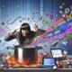 Gestresster Marketer in digital-chaotischer Küche mit überlaufenden Töpfen voller Binärzahlen, umgeben von Daten-Diagrammen und Symbolen.