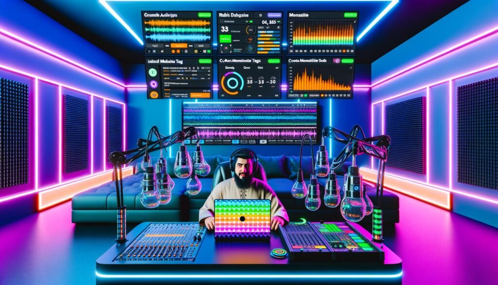 Podcaster im hochmodernen Studio mit fortschrittlicher Audiotechnik, DAW-Software und Podbean-Dashboards im Hintergrund