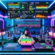 Podcaster im hochmodernen Studio mit fortschrittlicher Audiotechnik, DAW-Software und Podbean-Dashboards im Hintergrund