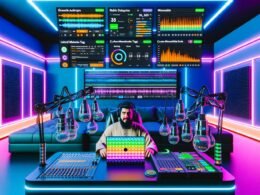 Podcaster im hochmodernen Studio mit fortschrittlicher Audiotechnik, DAW-Software und Podbean-Dashboards im Hintergrund