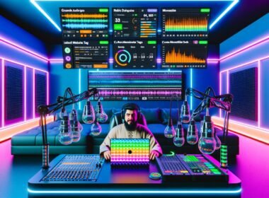 Podcaster im hochmodernen Studio mit fortschrittlicher Audiotechnik, DAW-Software und Podbean-Dashboards im Hintergrund