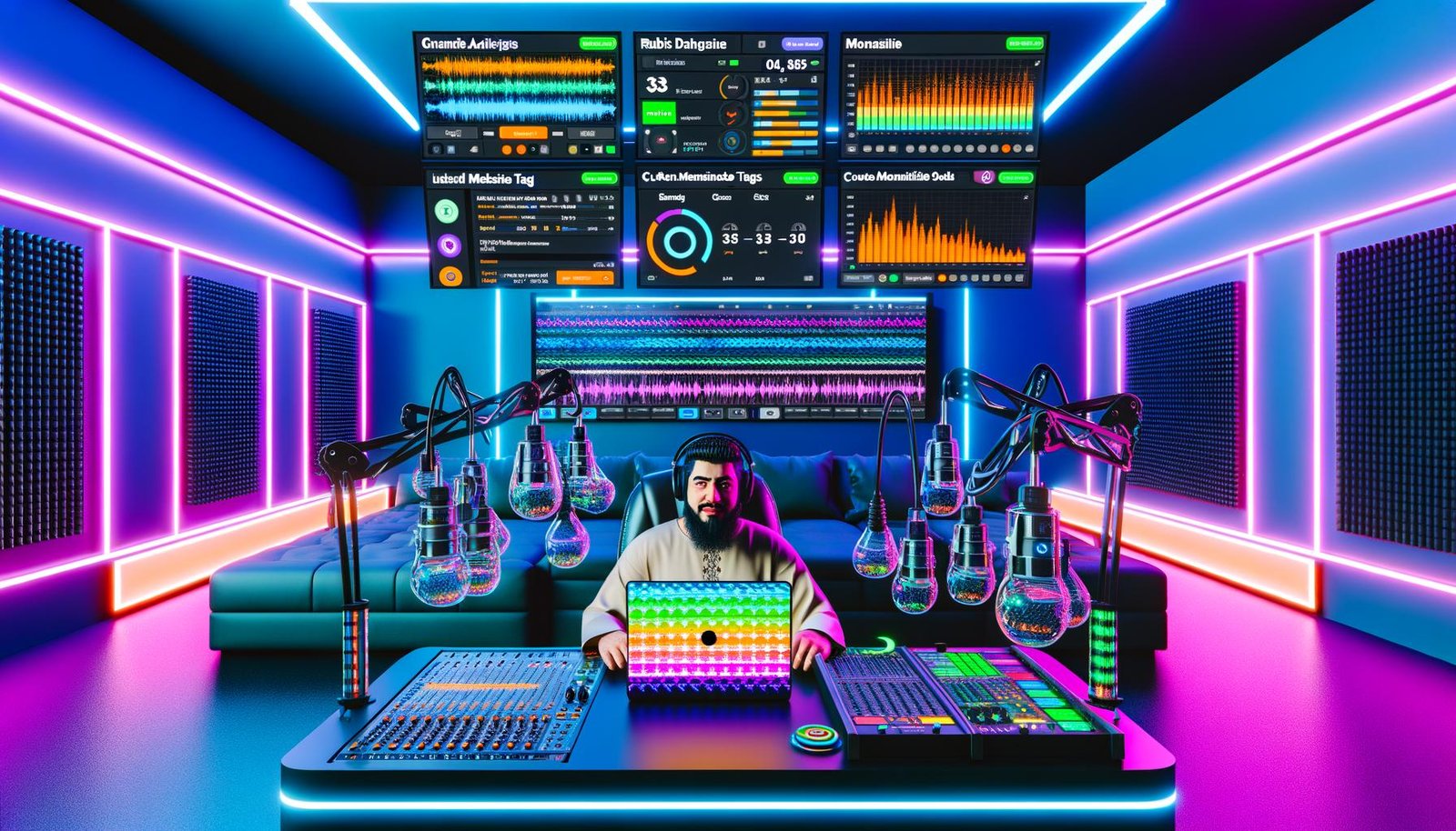 Podcaster im hochmodernen Studio mit fortschrittlicher Audiotechnik, DAW-Software und Podbean-Dashboards im Hintergrund