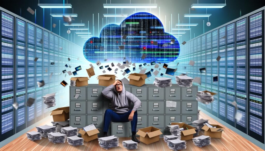 Verzweifelter Marketer im modernen, überfüllten Büro mit Datensilos und chaotischen Dashboards, daneben eine leuchtende Datenwolke mit synchronisierten Datenströmen und automatisierten Marketing-Robotern.