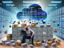 Verzweifelter Marketer im modernen, überfüllten Büro mit Datensilos und chaotischen Dashboards, daneben eine leuchtende Datenwolke mit synchronisierten Datenströmen und automatisierten Marketing-Robotern.