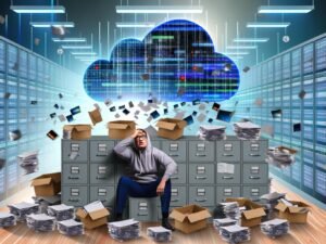 Verzweifelter Marketer im modernen, überfüllten Büro mit Datensilos und chaotischen Dashboards, daneben eine leuchtende Datenwolke mit synchronisierten Datenströmen und automatisierten Marketing-Robotern.