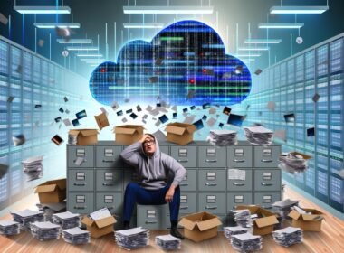 Verzweifelter Marketer im modernen, überfüllten Büro mit Datensilos und chaotischen Dashboards, daneben eine leuchtende Datenwolke mit synchronisierten Datenströmen und automatisierten Marketing-Robotern.