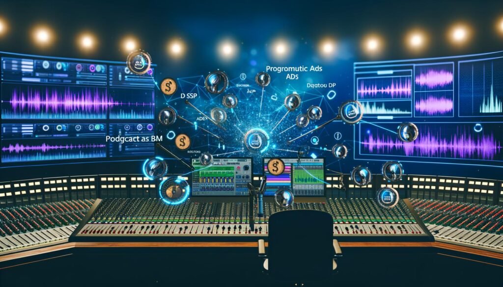 Modernes Podcast-Studio in nächtlicher Atmosphäre mit LED-Lichtern, Mischpult, Kopfhörern, Mikrofonen und Bildschirmen, die komplexe Audio-Advertising-Daten und Soundwellen zeigen.