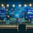 Modernes Podcast-Studio in nächtlicher Atmosphäre mit LED-Lichtern, Mischpult, Kopfhörern, Mikrofonen und Bildschirmen, die komplexe Audio-Advertising-Daten und Soundwellen zeigen.