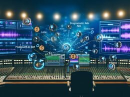 Modernes Podcast-Studio in nächtlicher Atmosphäre mit LED-Lichtern, Mischpult, Kopfhörern, Mikrofonen und Bildschirmen, die komplexe Audio-Advertising-Daten und Soundwellen zeigen.