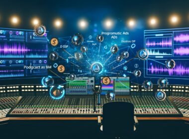 Modernes Podcast-Studio in nächtlicher Atmosphäre mit LED-Lichtern, Mischpult, Kopfhörern, Mikrofonen und Bildschirmen, die komplexe Audio-Advertising-Daten und Soundwellen zeigen.
