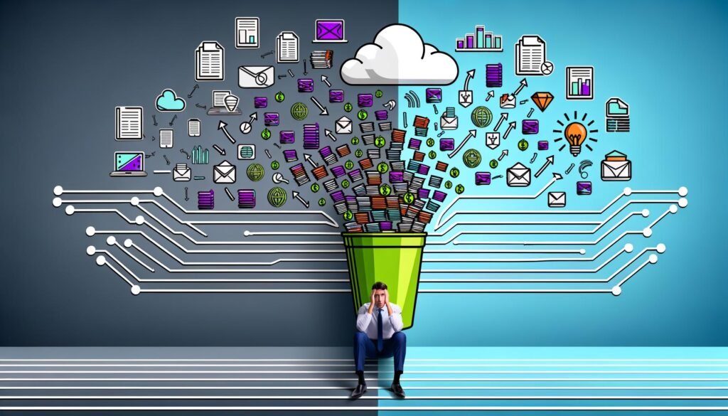 Visualisierung eines gestressten Marketing Managers auf chaotischem Datenhaufen, daneben ein klarer Pfad zum geordneten Datennutzungsmodell mit Automatisierung und Analyse.