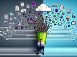 Visualisierung eines gestressten Marketing Managers auf chaotischem Datenhaufen, daneben ein klarer Pfad zum geordneten Datennutzungsmodell mit Automatisierung und Analyse.