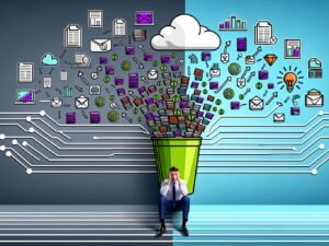Visualisierung eines gestressten Marketing Managers auf chaotischem Datenhaufen, daneben ein klarer Pfad zum geordneten Datennutzungsmodell mit Automatisierung und Analyse.