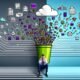 Visualisierung eines gestressten Marketing Managers auf chaotischem Datenhaufen, daneben ein klarer Pfad zum geordneten Datennutzungsmodell mit Automatisierung und Analyse.