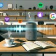 Modernes Wohnzimmer mit Smart Speaker, Podcast-Notizbuch, Tablet mit Podcasts im Regal und Streaming-Plattform-Icons wie Spotify, Apple Podcasts, Google Assistant und Podbean.