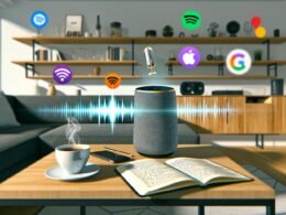 Modernes Wohnzimmer mit Smart Speaker, Podcast-Notizbuch, Tablet mit Podcasts im Regal und Streaming-Plattform-Icons wie Spotify, Apple Podcasts, Google Assistant und Podbean.