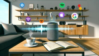 Modernes Wohnzimmer mit Smart Speaker, Podcast-Notizbuch, Tablet mit Podcasts im Regal und Streaming-Plattform-Icons wie Spotify, Apple Podcasts, Google Assistant und Podbean.