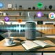 Modernes Wohnzimmer mit Smart Speaker, Podcast-Notizbuch, Tablet mit Podcasts im Regal und Streaming-Plattform-Icons wie Spotify, Apple Podcasts, Google Assistant und Podbean.