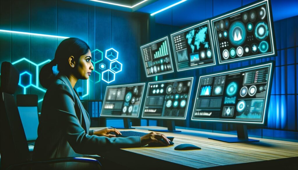 Marketing-Expertin sitzt vor hochmoderner Computer-Konsole mit leuchtenden Monitoren voller Daten, KPIs und Diagrammen in einem futuristischen Büro mit blauen und grünen Lichtakzenten.