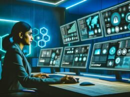 Marketing-Expertin sitzt vor hochmoderner Computer-Konsole mit leuchtenden Monitoren voller Daten, KPIs und Diagrammen in einem futuristischen Büro mit blauen und grünen Lichtakzenten.