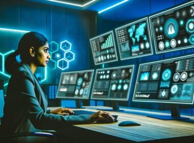 Marketing-Expertin sitzt vor hochmoderner Computer-Konsole mit leuchtenden Monitoren voller Daten, KPIs und Diagrammen in einem futuristischen Büro mit blauen und grünen Lichtakzenten.