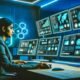 Marketing-Expertin sitzt vor hochmoderner Computer-Konsole mit leuchtenden Monitoren voller Daten, KPIs und Diagrammen in einem futuristischen Büro mit blauen und grünen Lichtakzenten.