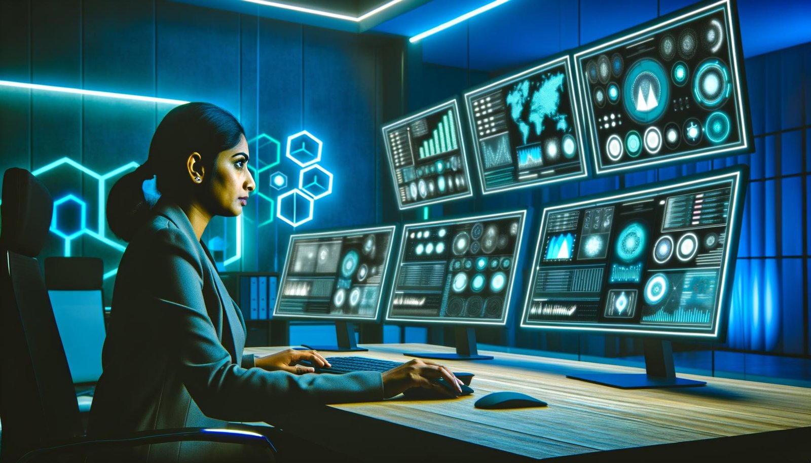 Marketing-Expertin sitzt vor hochmoderner Computer-Konsole mit leuchtenden Monitoren voller Daten, KPIs und Diagrammen in einem futuristischen Büro mit blauen und grünen Lichtakzenten.