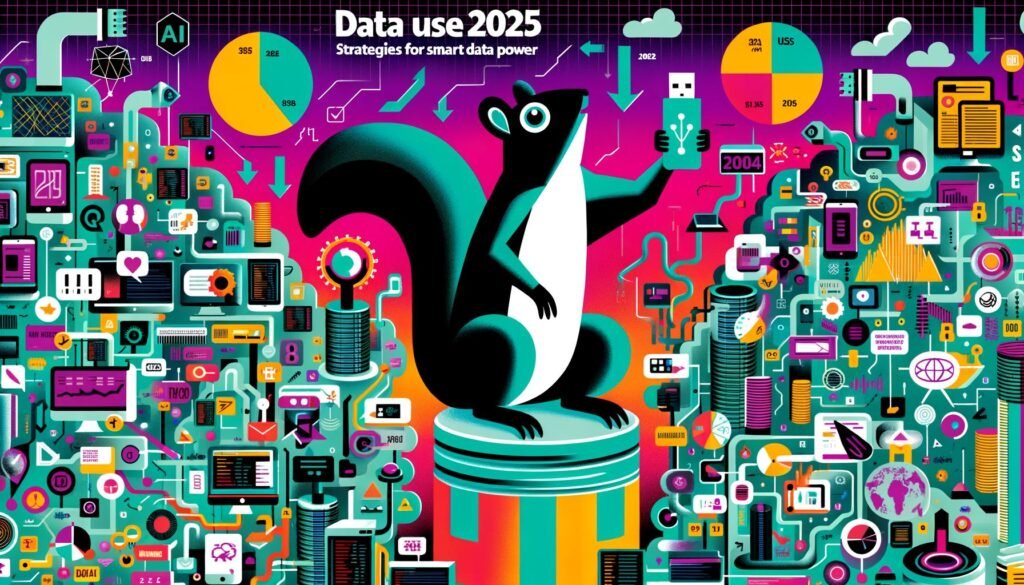 Modernes Editorial-Titelbild mit Eichhörnchen und USB-Stick, das auf einem Stapel aus Daten-Icons sitzt, umgeben von Datenströmen, KI- und Marketing-Symbolen. Farbintensive, digitale Ästhetik für Datennutzung 2025.