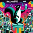 Modernes Editorial-Titelbild mit Eichhörnchen und USB-Stick, das auf einem Stapel aus Daten-Icons sitzt, umgeben von Datenströmen, KI- und Marketing-Symbolen. Farbintensive, digitale Ästhetik für Datennutzung 2025.