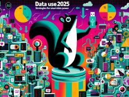 Modernes Editorial-Titelbild mit Eichhörnchen und USB-Stick, das auf einem Stapel aus Daten-Icons sitzt, umgeben von Datenströmen, KI- und Marketing-Symbolen. Farbintensive, digitale Ästhetik für Datennutzung 2025.
