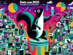 Modernes Editorial-Titelbild mit Eichhörnchen und USB-Stick, das auf einem Stapel aus Daten-Icons sitzt, umgeben von Datenströmen, KI- und Marketing-Symbolen. Farbintensive, digitale Ästhetik für Datennutzung 2025.