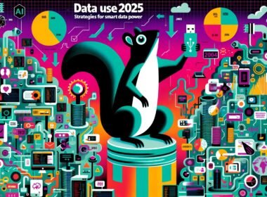 Modernes Editorial-Titelbild mit Eichhörnchen und USB-Stick, das auf einem Stapel aus Daten-Icons sitzt, umgeben von Datenströmen, KI- und Marketing-Symbolen. Farbintensive, digitale Ästhetik für Datennutzung 2025.