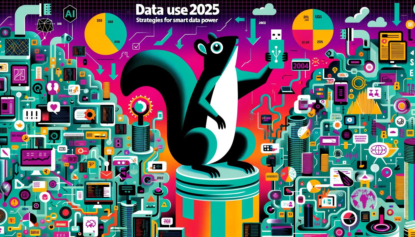 Modernes Editorial-Titelbild mit Eichhörnchen und USB-Stick, das auf einem Stapel aus Daten-Icons sitzt, umgeben von Datenströmen, KI- und Marketing-Symbolen. Farbintensive, digitale Ästhetik für Datennutzung 2025.