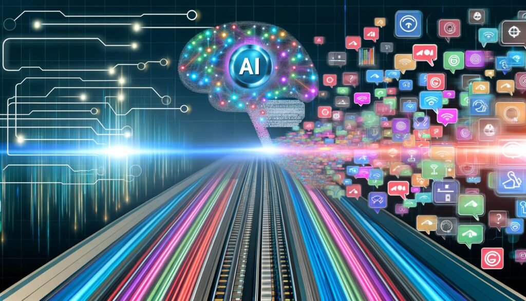 Digitaler Highway mit bunten Content-Snippets und einer pulsierenden AI-Engine als neuronales Netzwerk im Zentrum, umgeben von Logos wichtiger Plattformen wie Google, LinkedIn, Instagram, TikTok und einer Website, dazu technische KPI-Grafiken und Signalwellen am Bildrand.