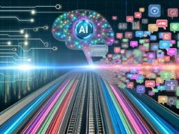 Digitaler Highway mit bunten Content-Snippets und einer pulsierenden AI-Engine als neuronales Netzwerk im Zentrum, umgeben von Logos wichtiger Plattformen wie Google, LinkedIn, Instagram, TikTok und einer Website, dazu technische KPI-Grafiken und Signalwellen am Bildrand.