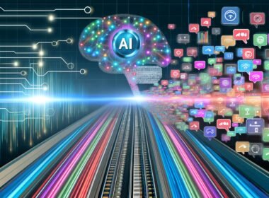 Digitaler Highway mit bunten Content-Snippets und einer pulsierenden AI-Engine als neuronales Netzwerk im Zentrum, umgeben von Logos wichtiger Plattformen wie Google, LinkedIn, Instagram, TikTok und einer Website, dazu technische KPI-Grafiken und Signalwellen am Bildrand.