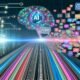 Digitaler Highway mit bunten Content-Snippets und einer pulsierenden AI-Engine als neuronales Netzwerk im Zentrum, umgeben von Logos wichtiger Plattformen wie Google, LinkedIn, Instagram, TikTok und einer Website, dazu technische KPI-Grafiken und Signalwellen am Bildrand.