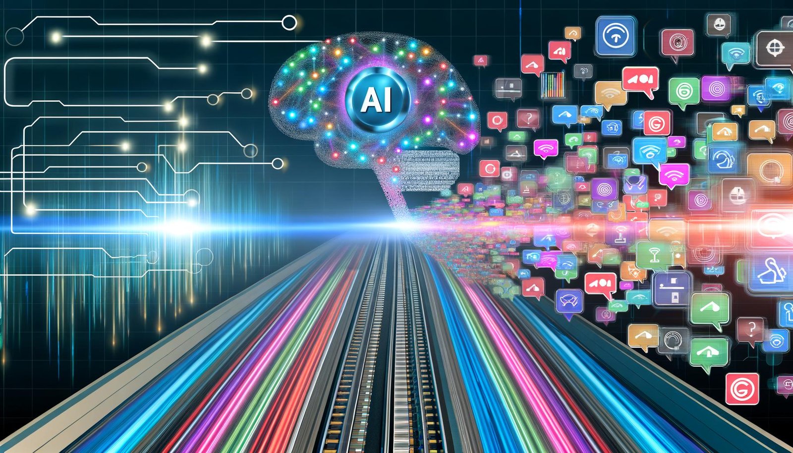 Digitaler Highway mit bunten Content-Snippets und einer pulsierenden AI-Engine als neuronales Netzwerk im Zentrum, umgeben von Logos wichtiger Plattformen wie Google, LinkedIn, Instagram, TikTok und einer Website, dazu technische KPI-Grafiken und Signalwellen am Bildrand.