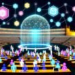 Verschiedene Szenen zur digitalen Demokratie: ein futuristisches Kongresszentrum aus Blockchain-Blöcken, Governance-Tools wie Smart Contracts und Token, diverse Menschengruppen beim digitalen Abstimmen, zerbrochene Blockchain-Elemente, eine grafische Schritt-für-Schritt-Darstellung des Entscheidungsprozesses und kontrastierende Visionen der digitalen Demokratie.