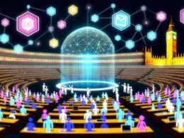 Verschiedene Szenen zur digitalen Demokratie: ein futuristisches Kongresszentrum aus Blockchain-Blöcken, Governance-Tools wie Smart Contracts und Token, diverse Menschengruppen beim digitalen Abstimmen, zerbrochene Blockchain-Elemente, eine grafische Schritt-für-Schritt-Darstellung des Entscheidungsprozesses und kontrastierende Visionen der digitalen Demokratie.