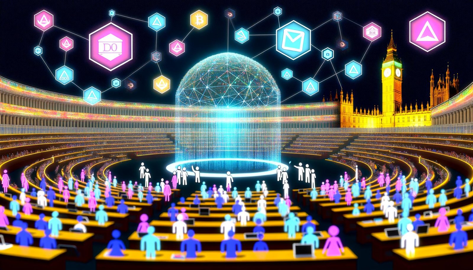 Verschiedene Szenen zur digitalen Demokratie: ein futuristisches Kongresszentrum aus Blockchain-Blöcken, Governance-Tools wie Smart Contracts und Token, diverse Menschengruppen beim digitalen Abstimmen, zerbrochene Blockchain-Elemente, eine grafische Schritt-für-Schritt-Darstellung des Entscheidungsprozesses und kontrastierende Visionen der digitalen Demokratie.